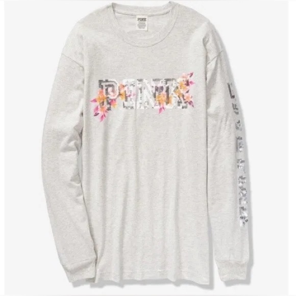 Victoria's Secret PINK Long Sleeve Bling Floral T-Shirt Gray Size Small - Picture 1 of 13
